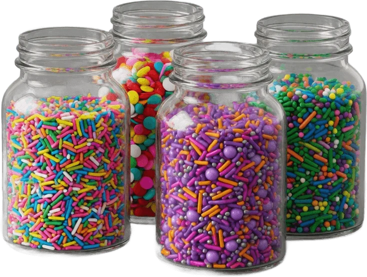 Four colourful sprinkle jars