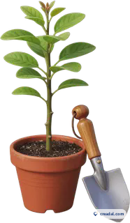 Potted sapling and shovel