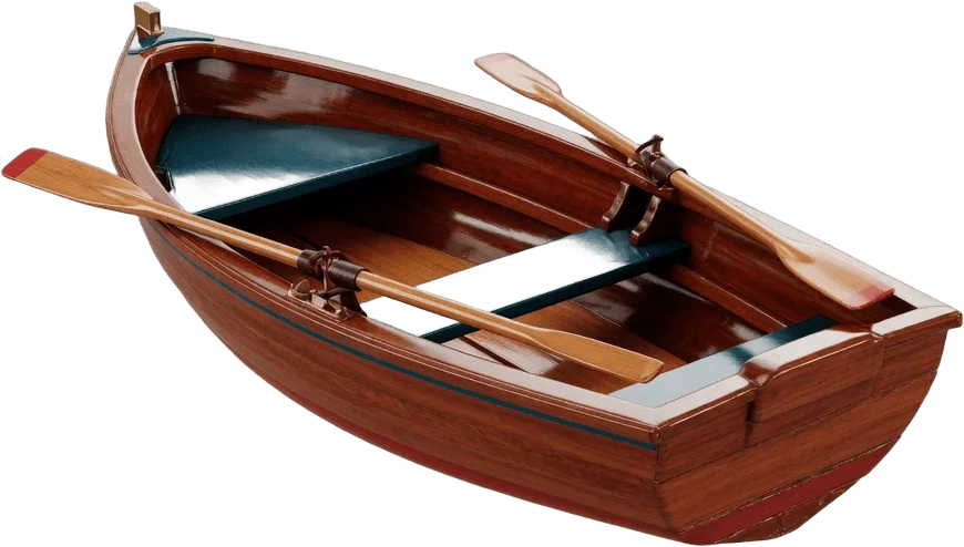 Wooden rowboat with oars