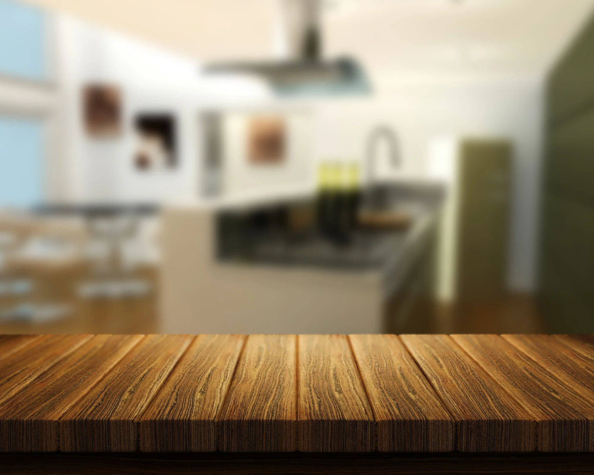 Wooden table in a warm kitchen