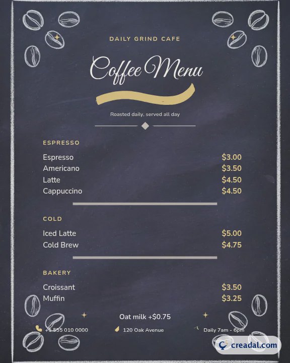 Menu de café