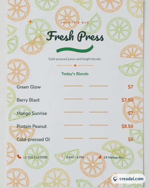 Fresh Press स्मूदी मेनू