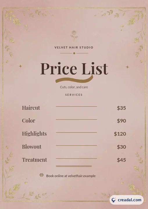 Tarifs du salon de coiffure
