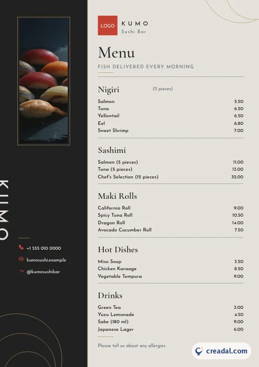 Sushi Bar Set: A4 Menu