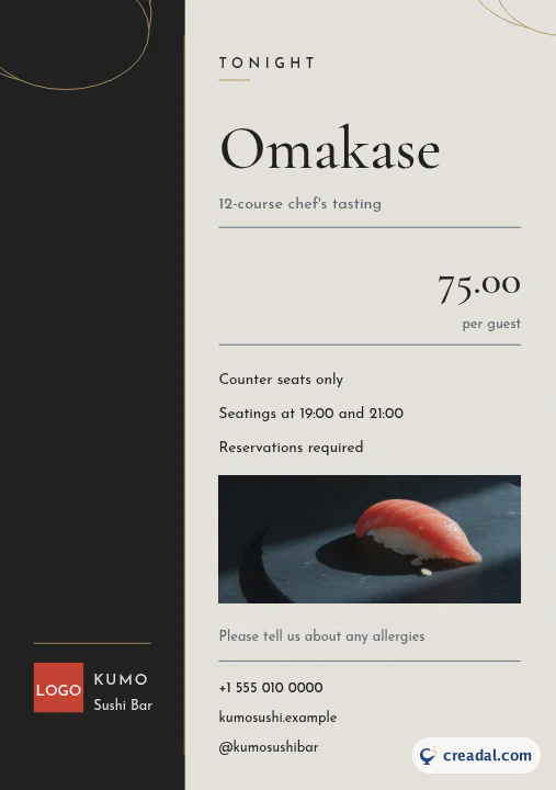 Ensemble sushi bar : Carte des spécialités